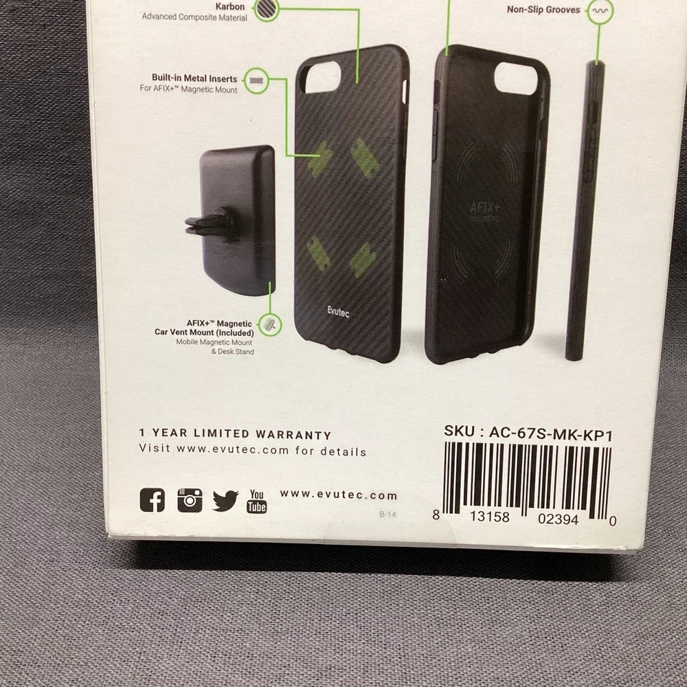 EVUTEC AER SERIES IPHONE 8 PLUS CASE WITH CAR VENT MOUNT COLOR: KARBON BLACK NWT